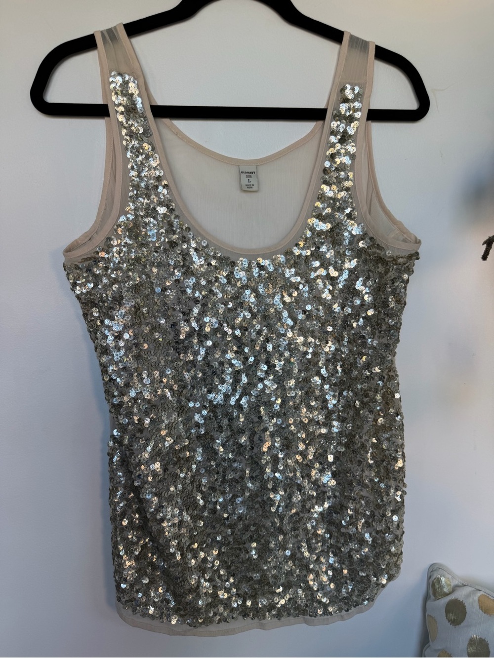 Silver Sequin Tank Top with Nude Trim